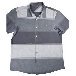 Oakley Mens XL Short Sleeve Button Down Shirt Grey Striped Logo Casual Sport